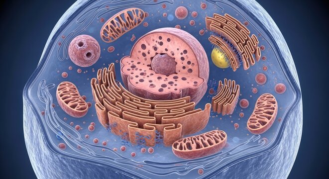 Cellular Structure With Organelles on Blue Background