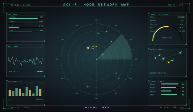 Futuristic scifi radar control panel interface with data visualization vector illustration