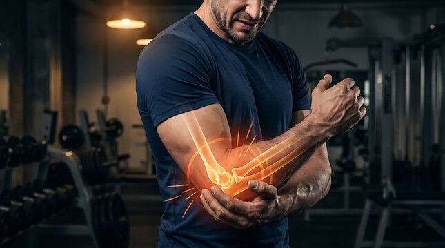 Athletic man in gym grimacing from severe elbow pain, highlighted bones showing inflammation and joint issue affecting his arm.