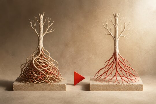 Minimal beige tree root sculptures with red arrow symbolizing business growth and strategic comparison