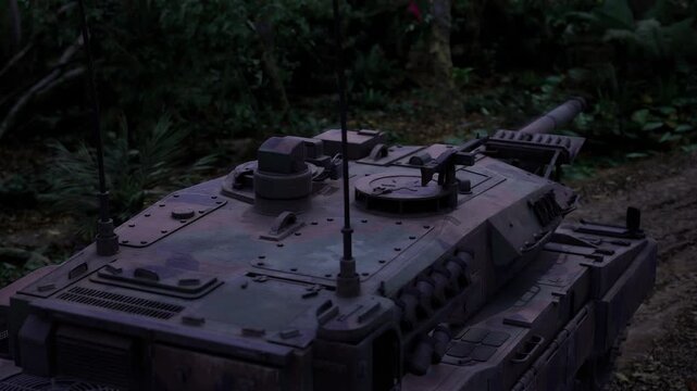 Camouflaged tank prowling jungle twilight with low profile silhouette, sensor housings visible, leaves brushing side panels, tense atmosphere of covert