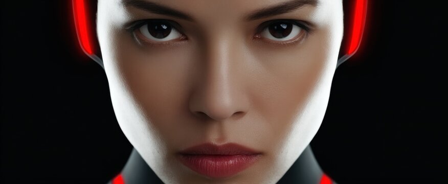 Futuristic advanced android face featuring sleek red accents isolated on a clean white background