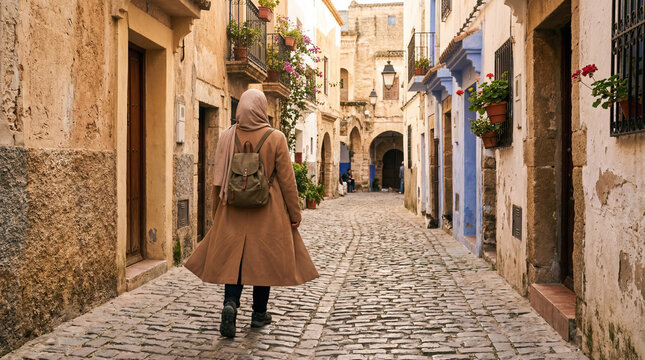 A person walks down a charming, narrow cobblestone street in an old European town, exploring historical architecture.