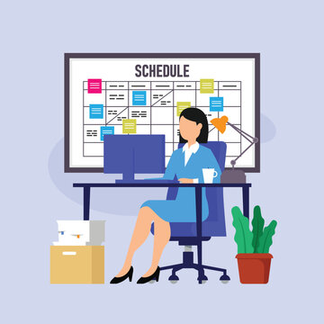 Businesswoman working at office desk with large project schedule planner board 2d flat vector illustration