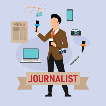 Male journalist character concept with media reporting and broadcasting equipment icons 2d flat vector illustration