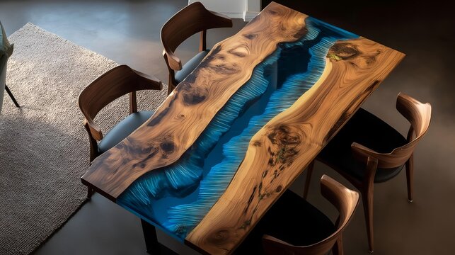 A stunning wooden table featuring a striking blue epoxy river design, surrounded by elegant chairs, perfect for contemporary dining spaces.