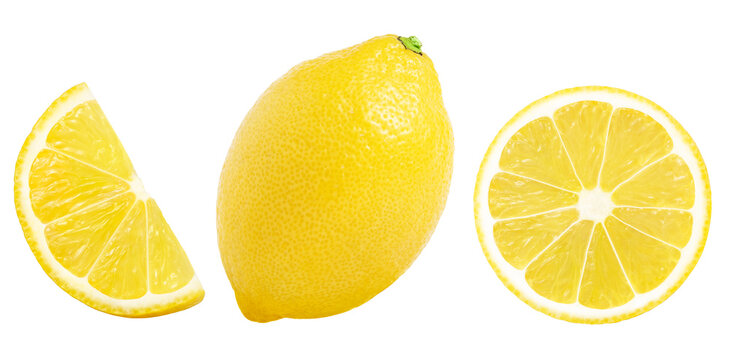 Lemon fruits set, slice and half isolated on a white background, Fresh and Juicy lemons collection.