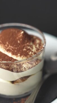 Homemade tiramisu with layers of sponge cake, mascarpone, and chocolate topping