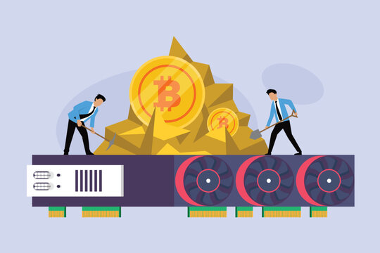 Cryptocurrency concept with business people mining bitcoin on GPU rig 2d flat vector illustration