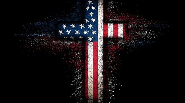 A striking image of a cross adorned with the American flag, symbolizing the intersection of faith and patriotism. A vivid representation of belief.