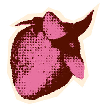 Strawberry berry in bold pop art style. Paper clipping shape. Halftone dot texture. Summer fruit cutout. Modern retro vector illustration for collage and scrapbook for mixed media design
