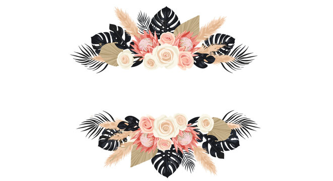 Boho chic floral design features pink protea roses dried palm leaves and pampas grass on a white background for elegant invitations.