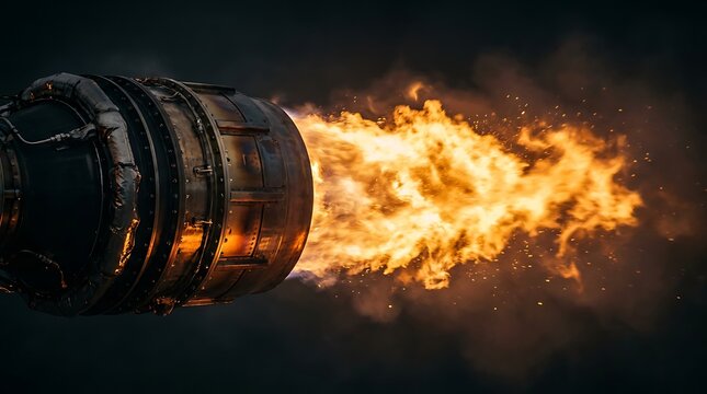 Close view of powerful jet engine exhaust showing brilliant orange fire flames and glowing sparks during high thrust testing procedure in professional hangar space.