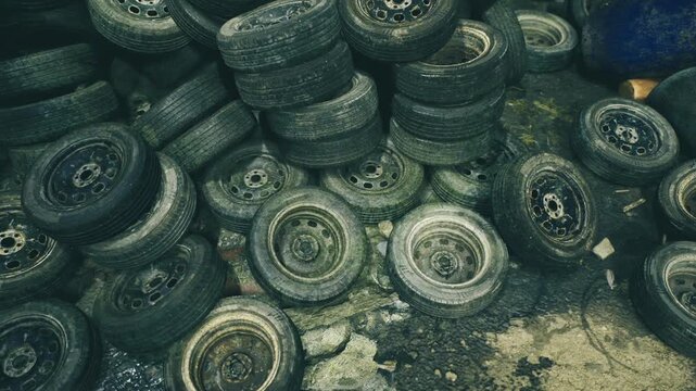 Mounded tires at intake zone of recycling facility, assorted sizes and rims visible, gritty floor with bits of rubber and debris, context for sustainability