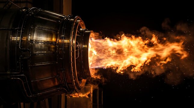 Close view of powerful jet engine exhaust showing brilliant orange fire flames and glowing sparks during high thrust testing procedure in professional hangar space.