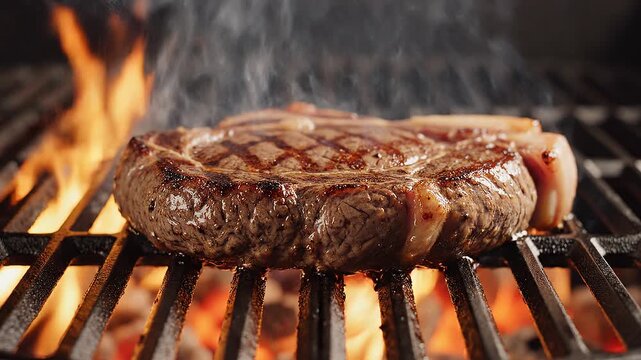 Sizzling Ribeye Steak Grilling Over Open Flames with Smoke Rising.