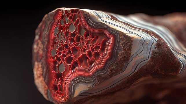 A stunning close-up of a polished rock, revealing intricate patterns and vibrant colors. This image showcases the beauty of natural geological formations.