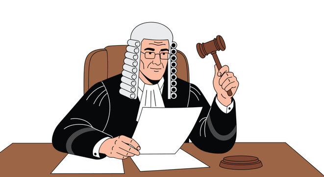 Illustration of a judge in traditional robe and wig sitting at a desk and raising a wooden gavel to deliver a verdict.
