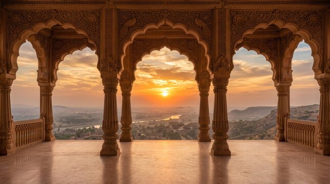 Indian temple silhouette viewed through ornate arches at a striking sunset sky with empty space.