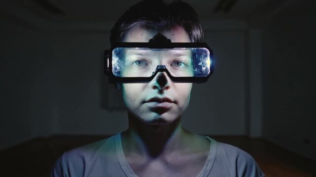 Reacting to goggles powering on, woman in light shirt opening eyes and focusing in dim room