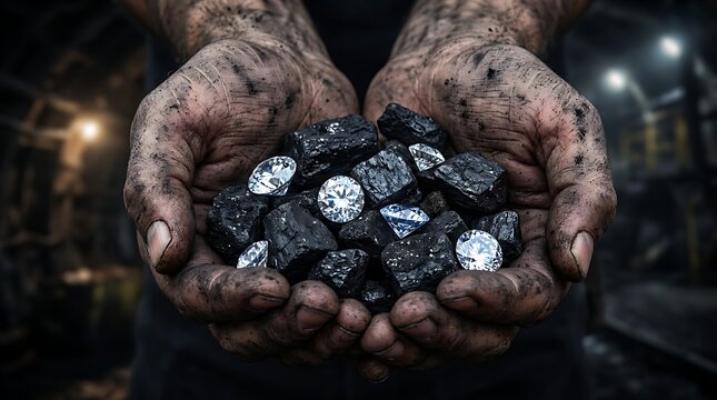 Coal miner holding raw coal with brilliant diamonds showing contrast between dark gritty mining work and precious sparkling gemstones reflecting luxury and wealth.