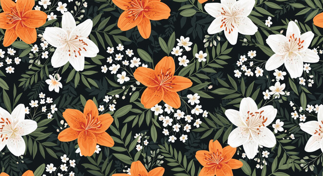 Lily and small white jasmine flowers pattern against a dark background creates a sophisticated and elegant botanical theme for fabric prints.