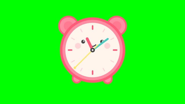 Animated cute pink cartoon alarm clock with face counting time on green screen background