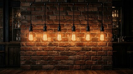 Fototapeta premium Dimly lit bar interior featuring a rustic vintage brick wall and industrial elements.