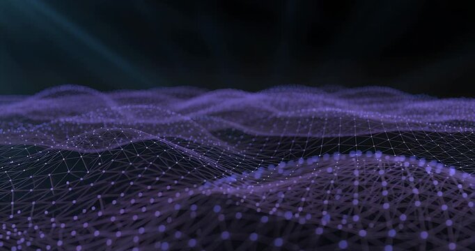 Abstract digital landscape of interconnected purple dots and lines forming a wavy mesh network on a dark background.