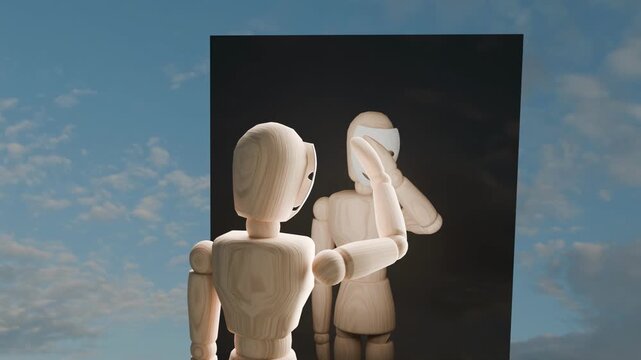 Wooden figure covering mirror reflection due to psychological problems