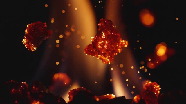 Rising glowing embers drifting upward in close brazier, heat lifting sparks and thin flame columns