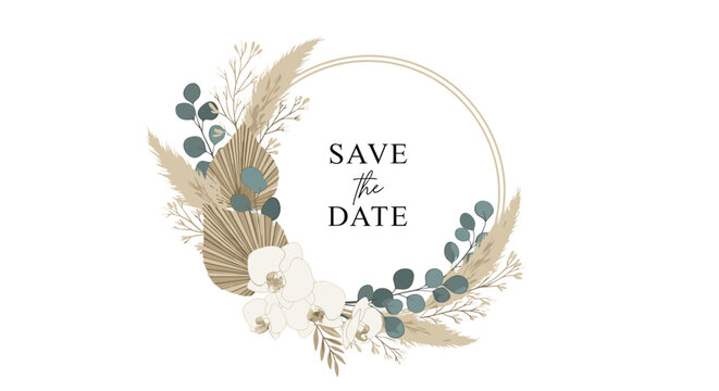 Elegant save the date floral wreath featuring white orchids dried palm leaves and eucalyptus for wedding stationery and event planning.