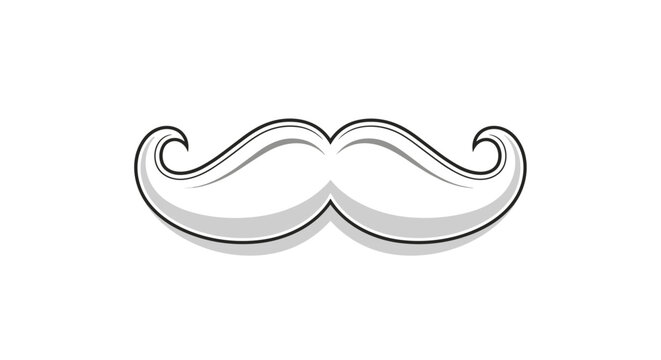 Classic curly mustache illustration in grayscale with a shadow effect designed for men's grooming barber shop and fashion themes.