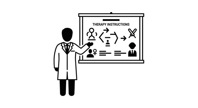 Doctor explains therapy instructions with flowchart on whiteboard
