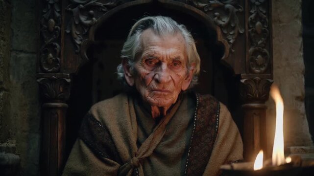 Sitting elder man on carved throne in stone hall wearing robes sash holding gaze brazier flickering