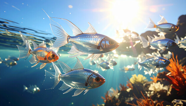 Underwater scene fish sunlight