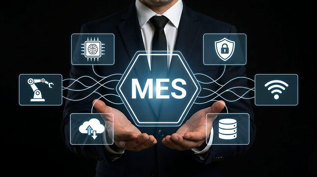 Businessperson presenting manufacturing execution system MES concept in office