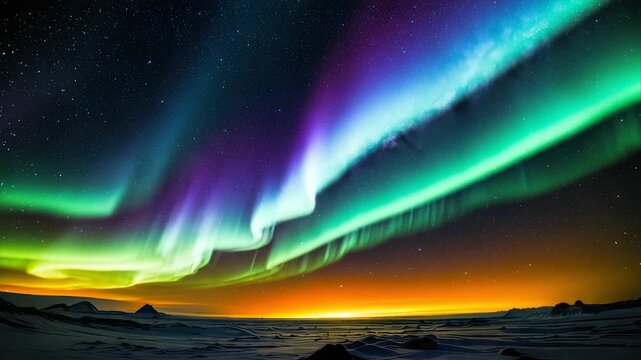 Night sky showcasing vibrant green, purple, and blue aurora borealis. Snowy terrain below