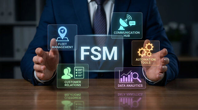 Field Service FSM Management concept with digital icons and abstract HUD