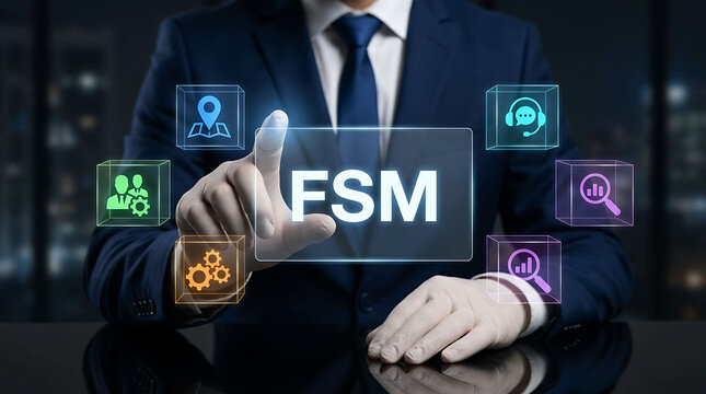 Businessman touching FSM field service management software virtual screen