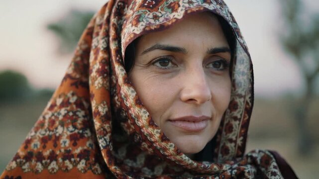 Shifting woman wearing patterned headscarf glancing and smiling in rural field as camera tightening