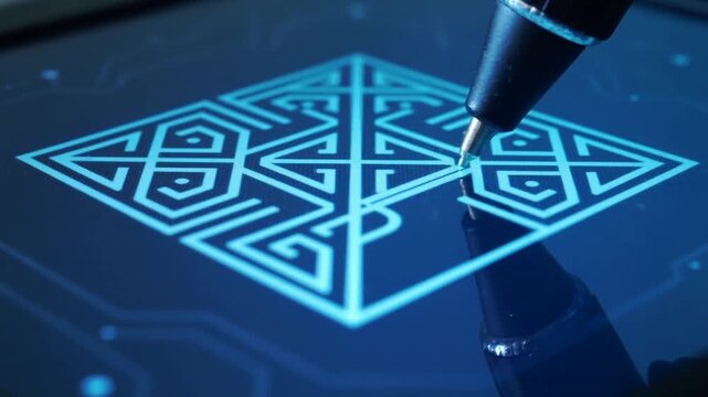 Hovering stylus tip touching tablet, drawing loop to trace cyan diamond pattern with reflection