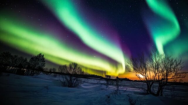 A vibrant aurora borealis dances across a starry night sky above a snowy, wintery landscape