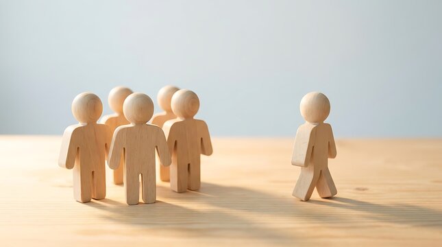 One wooden figure walks away from a group of five figures standing together on a wooden table with a light background and shadows.