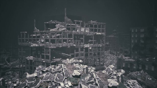 Exposed concrete frame rising above rubble, skeletal columns and beams visible, pale teal haze, methodical photographic documentation, sense of loss