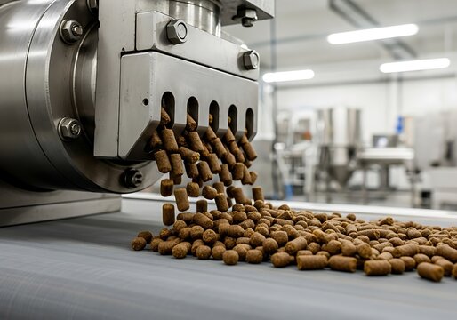 Industrial machine producing small brown and green food pellets on a conveyor belt in a factory. dog food manufacturing