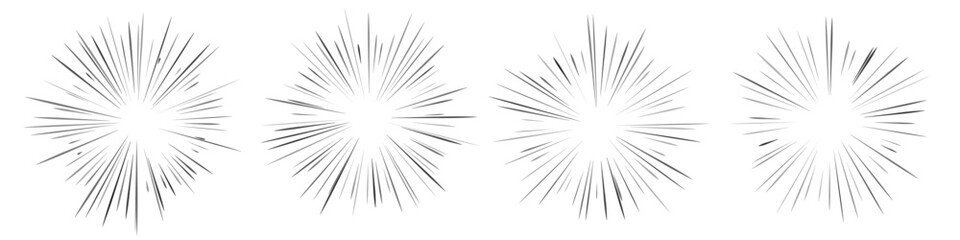 Fototapeta premium Sun icons with radial rays. Set of sunburst and starburst elements with varying line thickness and density. Retro comic or vintage engraving style rays. Abstract vector illustration.