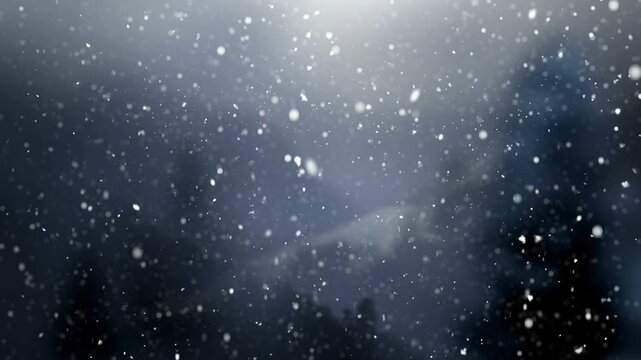 snowflakes falling in winter through window blurred background
