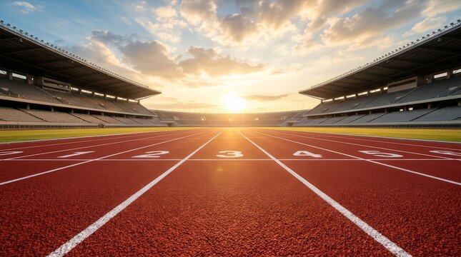 An empty athletics running track in a stadium during a beautiful sunset.