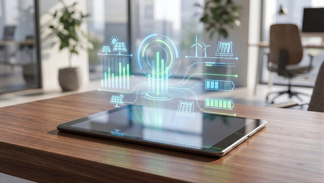 Tablet on wooden desk projecting holographic green energy dashboard with solar wind hydropower battery charts and analytics smart monitoring renewable management business technology concept
